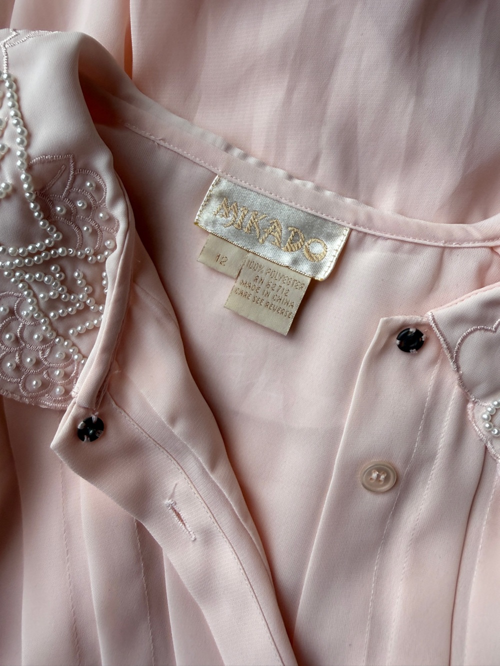 Vintage 80s Pink Pleated Secretary Blouse | Beaded Lace Collar Puff Sleeve | XL - Picture 10 of 10